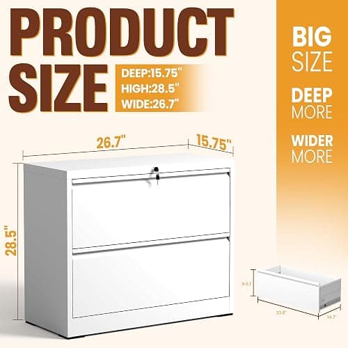 2-Drawer Lateral File Cabinet with Lock, Black Metal Filing Cabinet for Office or Home – Secure Storage for Letter/Legal/A4/F4 Documents, Easy to Assemble Locking File Organizer (White, 2 Drawer-26"W) thumbnail 2