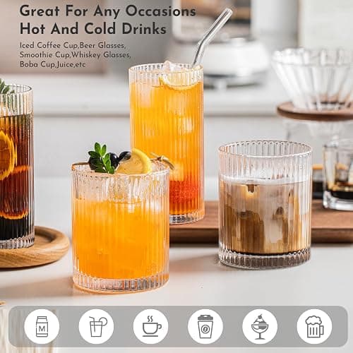 INSETLAN Ribbed Glass Tumblers Set of 6-14 oz Vintage Glassware, Clear Drinking Glasses for Wine, Juice, Cocktails, Water, Iced Coffee, Whiskey - Dishwasher Safe, Durable and Elegant thumbnail 4