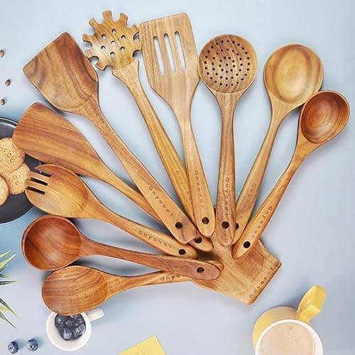 Wooden Spoons for Cooking,11 Pcs Wooden Utensils for Cooking Wooden Kitchen Utensils Set with Holder (11 PCS) thumbnail 5