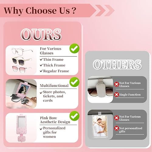 Calafu Sunglass Holder for Car, 2 in 1 Sunglass Visor Clip with Photo Frame | Leather Cloth, Magnetic Interior Car Accessories, Holds Paper Tickets, Universal Visor Fit, Custom Photo Slot, Pink thumbnail 3