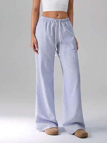ZAFUL Casual Pants for Women, Pajama Pants Stripe Home Pants Palazzo Drawstring Waist Straight Leg thumbnail 3
