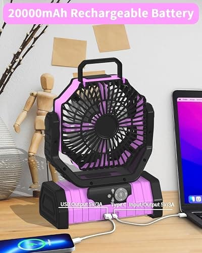 ADUST Camping Battery Operated Powered Fan with LED Lantern Light Portable 20000mAh Rechargeable Oscillating Fan with 360° Rotation Hanging Hook for Tents, Cordless USB Desk Fan(Pink) thumbnail 7