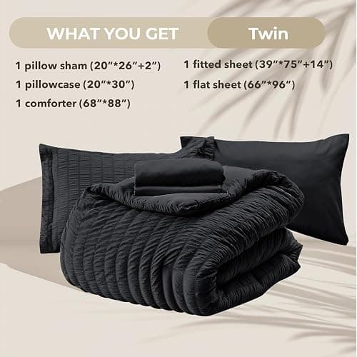 HYMOKEGE Black Twin Comforter Set Seersucker 5 Pieces, All Season Luxury Bed in a Bag for Bedroom, Bedding Set with Comforters, Sheets, Pillowcase & Sham thumbnail 5