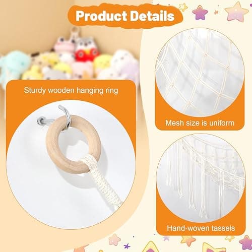 Toy Hammock for Stuffed Animals, 41"*41"*59" Soft Cuddly Plush Toys Macrame Net, Corner Hanging Organizer for Nursery Decor thumbnail 7
