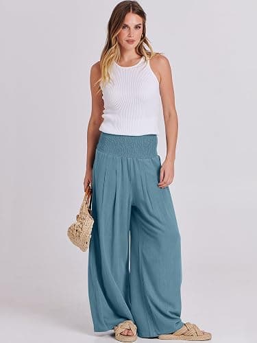ANRABESS Women Linen Palazzo Pants Summer Boho Wide Leg High Waist Casual Lounge Pant 2025 Beach Travel Vacation Outfits thumbnail 6