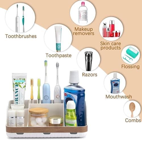 GFWARE Bathroom Countertop Organizer - Detachable 7 Slots Kids Electric Toothbrush and Toothpaste Holde Drainage for Bathroom Accessories Organization Counter Vanity Storage, Woodgrain thumbnail 6