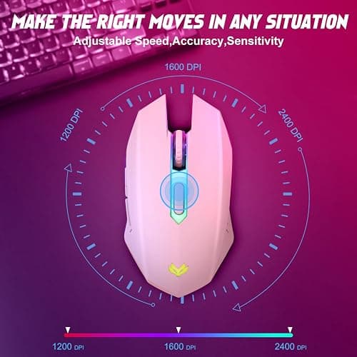 LuLabboard Wireless Gaming Mouse, Rechargeable Wireless Computer Mouse, 7-Color LED Light, Ergonomic Mouse with 6 Silent Click Buttons, 3 Adjustable 2400 DPI Wireless Mouse for Laptop,PC,Mac, Pink - Pink thumbnail 2