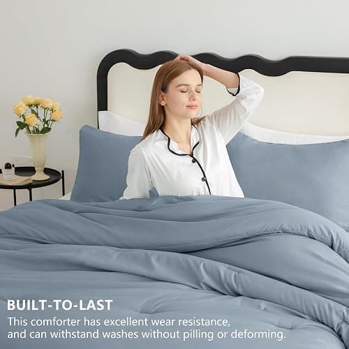 CozyLux Grayish Blue Full Size Comforter Set, 3 Pieces Dusty Blue Solid Breathable Quilted Bedding Sets, Luxury Soft Bed Set with Down Alternative Comforter All Season (1 Comforter & 2 Pillowcases) thumbnail 3