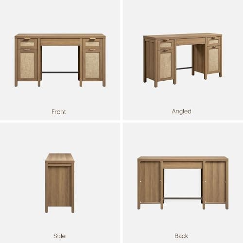 SICOTAS 52" Rattan Home Office Desk with 3 Drawers: Boho Executive Desk with 2 Storage Cabinets, Large Computer Writing Table for Study, Office, Living Room thumbnail 8