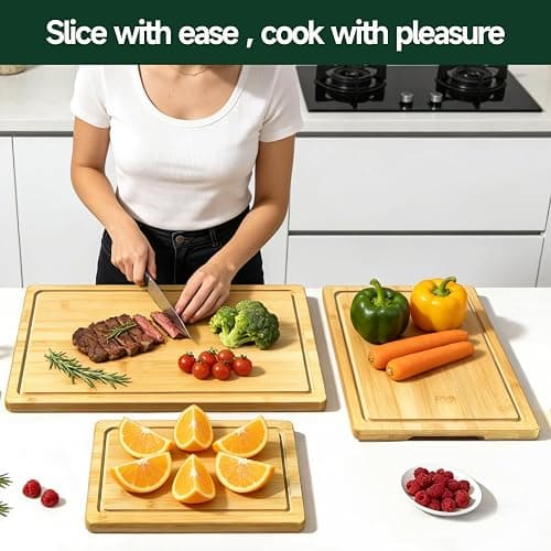 Zeawec 3-Piece Set Bamboo Cutting Board for Kitchen - Crack-Resistant Wood Chopping Boards with Deep Juice Grooves, Pre-Oiled Butcher Block for Meat, Vegetables & Cheese, Natural thumbnail 7