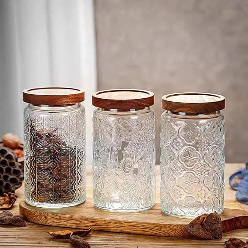 Livejun Vintage Glass Coffee Food Storage Jars with Acacia Lids Airtight Storage Coffee Containers Design Canisters set Kitchen Wide Mouth Glass Jars for Cookies,Tea,Sugar 1000ml (33.8OZ) Set of 3 thumbnail 8