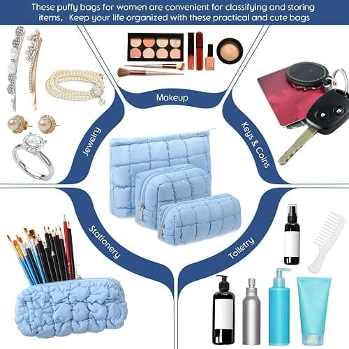 Huhumy 3 Pcs Puffy Makeup Bag for Women, Checkered, Blue, Medium | Quilted Cosmetic Pouch Cute Travel Toiletry Bag Puffer Makeup Organizer Purse Pouch Preppy Pencil Case with Zipper thumbnail 5