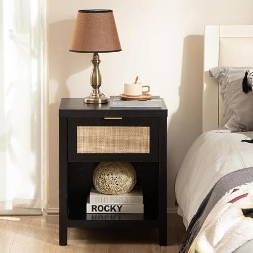 SICOTAS Rattan Night Stands Set of 2, Farmhouse Nightstand Bedside Table with Drawer and Storage Shelf, Boho End Side Table for Bedroom, Small Space, Black Oak thumbnail 2