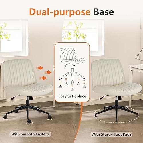 Elevon Criss Cross Chair with Wheels, Cross Legged Office Chair Armless Wide Desk Chair with Dual-Purpose Base, Adjustable Swivel Fabric Task Vanity Home Office Desk Chair, Leather Beige - Leather Beige thumbnail 3