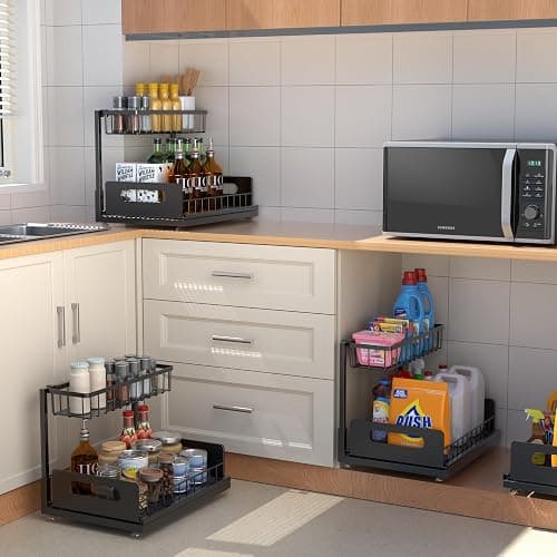 MERATIA Under Sink Organizer 2 Tier, Pull Out Drawer Slides Under Sink Storage for Bathroom Kitchen,Multi-Purpose Drawer Under Cabinet Organizer for Cleaning Supplies (Black, 2 Pack) thumbnail 7