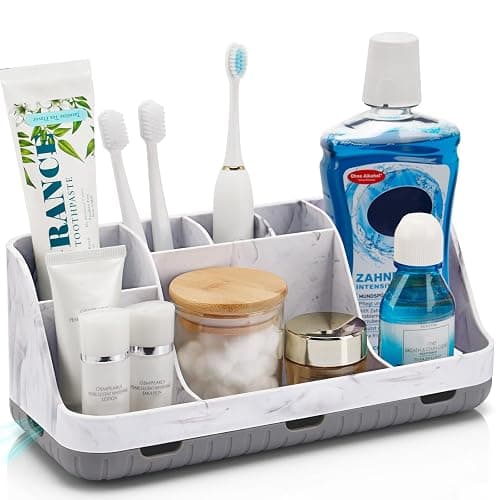 GFWARE Marble Bathroom Countertop Organizer - Detachable 7 Slots Kids Electric Toothbrush and Toothpaste Holde Drainage for Bathroom Accessories Organization Counter Vanity Storage, Grey - Image 1