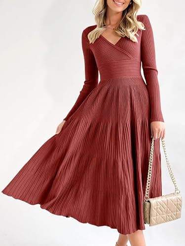 Saodimallsu Womens Long Sleeve Midi Sweater Dress Wrap V Neck Pleated A Line Fit Flare Elegant Knit Maxi Dress thumbnail 2