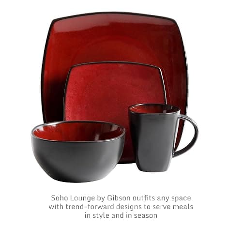 Gibson Elite Soho Lounge Square 16-Piece Dinnerware Set, Service for 4, Reactive Glaze Stoneware Plates and Bowls, Modern Dishes, Microwave & Dishwasher Safe – Red and Black thumbnail 4