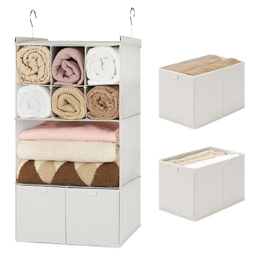GRANNY SAYS Hanging Closet Organizer with Drawers, 4 Shelf Dividers Closet Hanging Organizer, Foldable Hanging Shelves for Clothes Organizer, Small Closet Organizers and Storage, Beige - Image 1