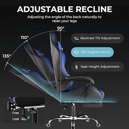 GTPLAYER Gaming Chair, Computer Chair with Footrest and Lumbar Support, Height Adjustable Game Chair with 360°-Swivel Seat and Headrest and for Office or Gaming (Faux Leather, Blue) thumbnail 8