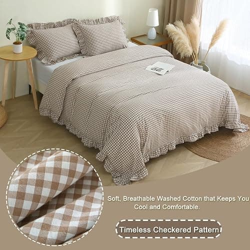 Silnuo Taupe/White Plaid Ruffle Duvet Cover King Size,100% Washed Cotton 3 Pcs Vintage Checkered Chic Gingham Bedding Set Comforter Cover Set thumbnail 3