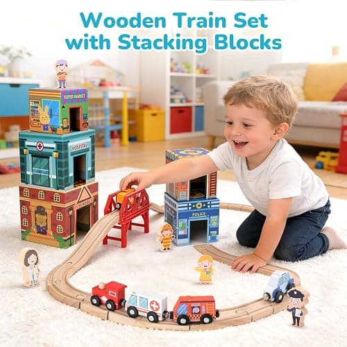 Wooden Train Set for Kids 3-7, Wood Train Tracks Complete Town Railway Playset with Matching Figures, Vehicles, Stacking and Nesting Blocks, Sorting & Stacking Toys Gifts for Boys Girls thumbnail 2