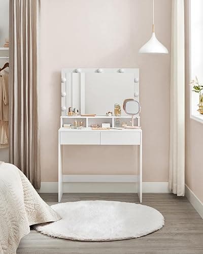 VASAGLE Vanity Desk with Mirror and Lights, Makeup Vanity with Large Mirror, LED Lights with Adjustable Brightness, Vanity Table, 2 Drawers, 3 Compartments, Modern Makeup Desk, Cloud White URDT120T14 thumbnail 4