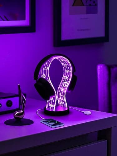 CoolGift Mart Light Up Headphone Stand with 16 Color Lights, Music Notes Pattern Acrylic Headset Stand with 1 USB and 1 Type-C Charging Ports, Gifts for Gamers Men and Music Lovers thumbnail 5