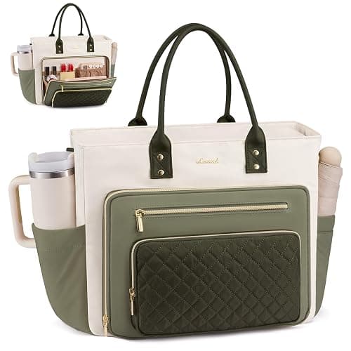 LOVEVOOK Teacher Tote Bag for Women Work, Laptop Bag With Large Cup Holder, Nurse Bags Professional Briefcase Business Computer Purses Handbag Gifts,Light Green-Beige-Olive Green,15.6 Inch - Image 1