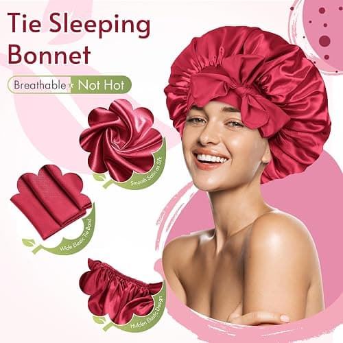 BONNET QUEEN Satin Bonnet Silk Bonnet for Sleeping Women Hair Bonnet Night Sleep Cap Scarf Wrap for Curly Hair with Tie Band Red Burgundy thumbnail 3