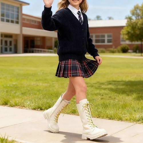 betible Girls Boots Knee High Zip Up Lace Up Outdoor Booties Winter Fashion Long Leather Boot for Little Kid Big Kid thumbnail 3