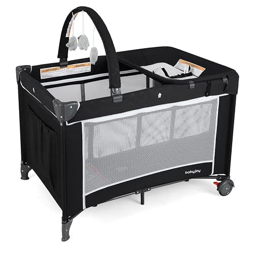 BABY JOY 3 in 1 Pack and Play, Travel Baby Crib Bassinet Bed with Bassinet, Changing Table with Safety Belt, Toy Bar, Lockable Wheels, Portable Baby Playard from Newborn to Toddler - Image 1