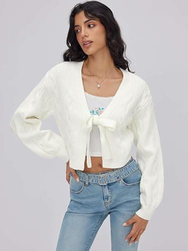 CIDER Womens Crop Tie Front Cardigan Cute Fall Fashion Cozy Sweaters Trendy Crochet Going Out Puff Sleeve Top thumbnail 4