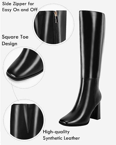 Coutgo Womens Wide Calf Knee High Boots Chunky High Heel Square Toe Fashion Leather Shoes with Side Zipper thumbnail 3