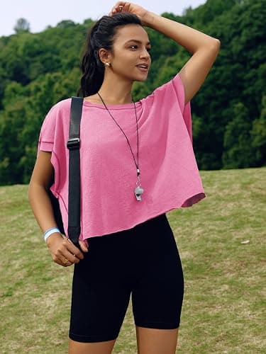 SENSERISE Womens Open Back Workout Tops Backless Short Sleeve Athletic Shirt Running Crop Top Gym Yoga Tee - Small - Hot Pink thumbnail 2