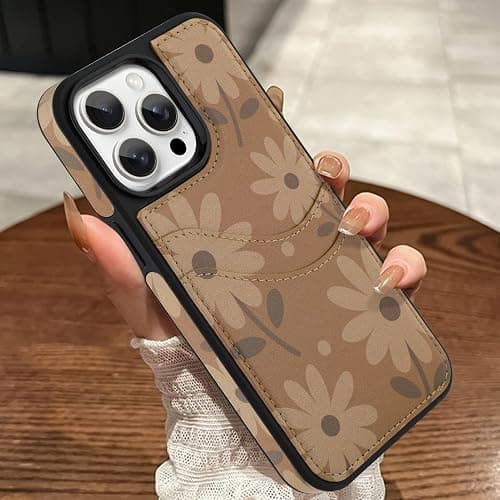 MOWIME Compatible with iPhone 15 Pro Max Wallet Case with Card Holder (2 Cards), Daisy Floral Shockproof Soft TPU Protective Cover Women Girls, Daisy Case for iPhone 15 Pro Max 6.7 Inch, Brown - Image 1