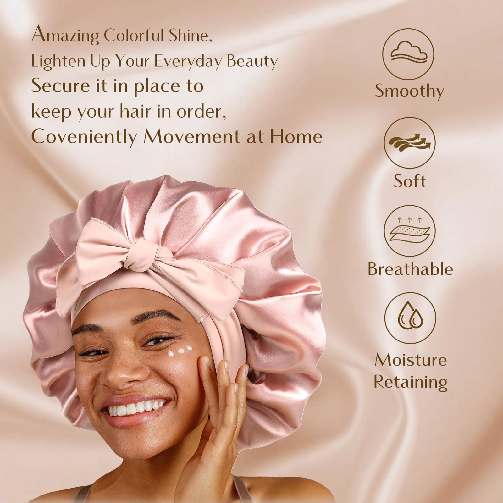 YANIBEST Satin Bonnet Silk Bonnet for Sleeping Hair Bonnet with Tie Band Head Wrap Bonnets for Black Women Curly Natural Hair, Blush Pink, Large thumbnail 3