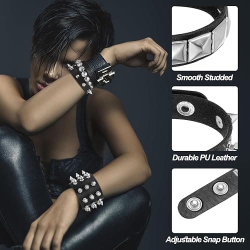 MECCANIXITY Rock Punk Studded Leather Bracelet Set, Goth Spiked Cuff PU Wristband Adjustable Bracelets Emo Grunge Accessories Halloween Party Favors thumbnail 3