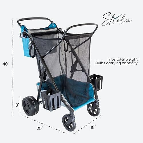 Strolee Large Wheeled Collapsible Beach Cart for Soft Sand, Shopping, Camping & Garden- Lightweight Aluminum Frame- Removable Storage Bag with Carrying Straps, X-L Capacity & Cooler Rack (Blue) thumbnail 2