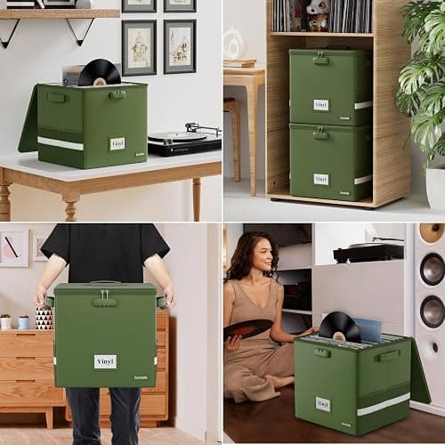 DocSafe Vinyl Record Storage Box with Lock, Fireproof＆Water Resistant Record Organizer for 100+ Single Records(12-inch), Collapsible Storage Crate with Lid&Handles for Valuable Album Collection,Green thumbnail 6