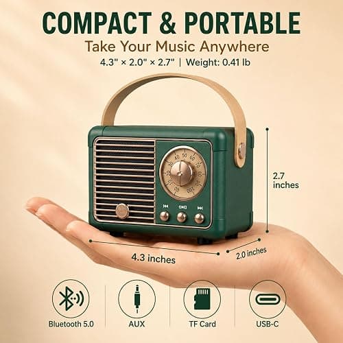 Dosmix Retro Bluetooth Speaker,Vintage Decor,Small Gift for Women Men Green | Portable mini wireless radio old fashion style for kitchen desk bedroom office travel accessories gifts for women teen girls thumbnail 3