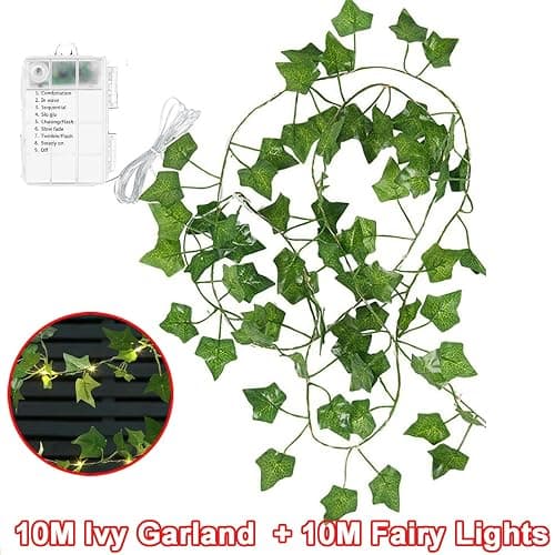 Joysing Efeu Lichterkette Innen 10M 100 LED Efeu Girlande mit Lichterkette Batteriebetrieben mit Fernbedienung Timer, 8 Modi Fake Efeu Lichterketten Wasserdicht Weihnachtsbeleuchtung fur Zimmer Aussen thumbnail 5