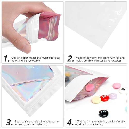Funfery 100 pcs White Smell Proof Mylar Holographic Bags Packaging Bags,Clear Resealable Odor Proof Bag Foil Pouch Bag for Food Storage,Lipgloss,Jewelry,Eyelash Packing for Small Business(2.4x3.9In) thumbnail 6
