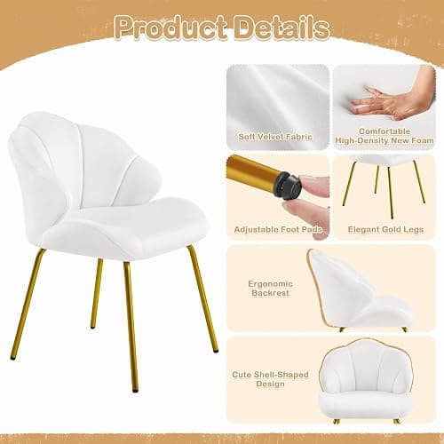 Yaheetech Velvet Armchair, Accent Tub Chair with Metal Legs, Cute Vanity Chair with Shell Shaped Backrest for Living Room/Bedroom/Dressing Table/Office, White thumbnail 6