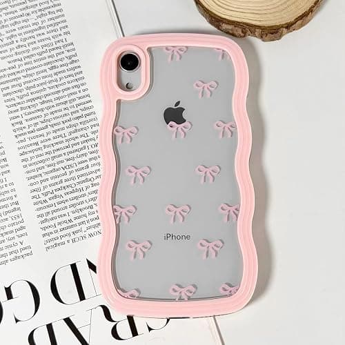 Riccase for iPhone XR Case Bow Curly Wave Frame Phone Case, Shockproof Clear Soft Transparent Silicone Protective Bumper Cover for Women Girls, Pink thumbnail 5