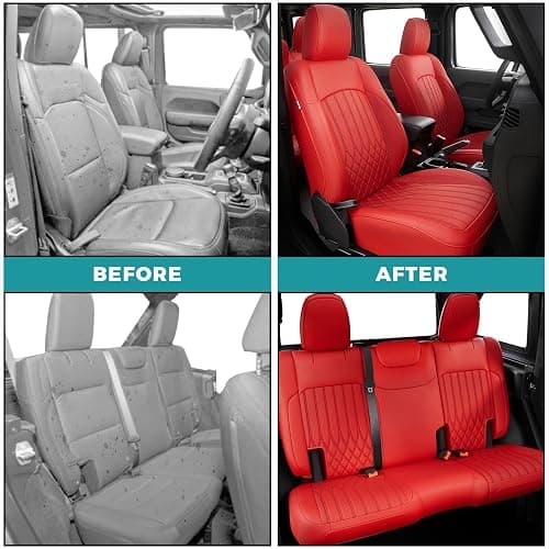 FEINEPRO for Jeep Wrangler Seat Covers 4 Door JL 2026 2025 2024 2023 2022 2021 2020 2019 2018 Custom Seat Cover Full Set Faux Leather Without Rear Cup Holder - Red thumbnail 5