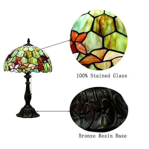 ZJART Tiffany Table Lamp Stained Glass Lamp 12X12X19 Inch Antique Reading Light (Red Green Flowers) thumbnail 9