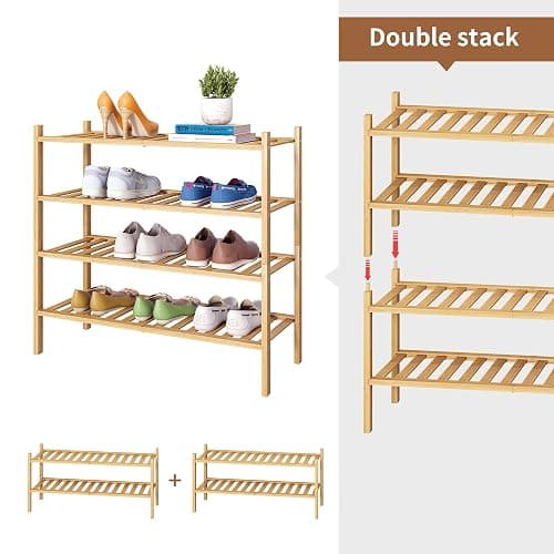 FILWH Bamboo Shoe Rack Stackable Shoe Shelf Storage Organizer for Unit Entryway Hallway and Closet Sturdy Freestanding Shoe Shelf (Natural, 2-Tier/27 * 11 * 12.6IN) thumbnail 5