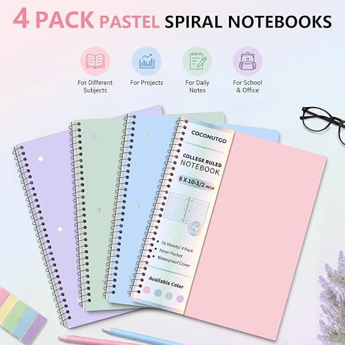 CoconutGo 4 Pack Spiral Notebooks, 1 Subject College Ruled, 10.5 x 8 in, 70 Sheets Each, 3-Hole Punched Perforated Pages, Plastic Covers with Pockets, Silver Coil, Assorted Colors thumbnail 4