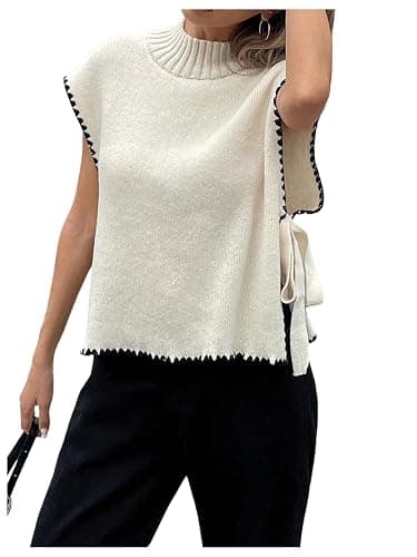 Verdusa Women's Old Money Sweater Tie Knot Slit Sweater Vest Mock Neck Cap Sleeve Lightweight Knit Tops thumbnail 4